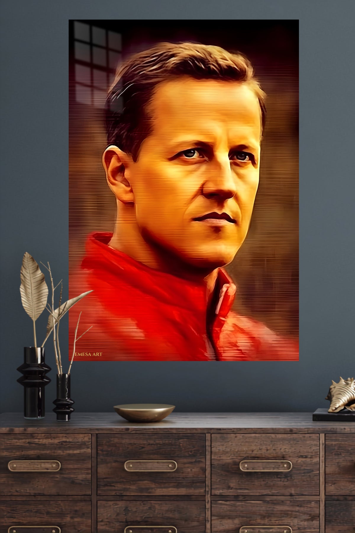Golden Athlete Portrait metal wall art displayed in a modern interior
