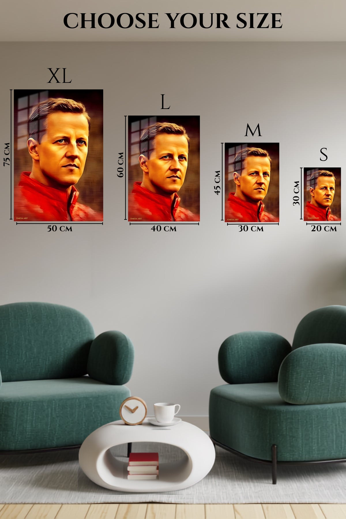EMESA metal wall art size comparison guide for Golden Athlete Portrait