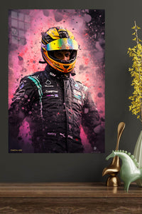 Yellow Helmet Racing Portrait metal wall art displayed in a modern interior