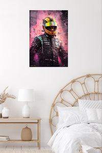 Yellow Helmet Racing Portrait metal wall art displayed in a contemporary living space