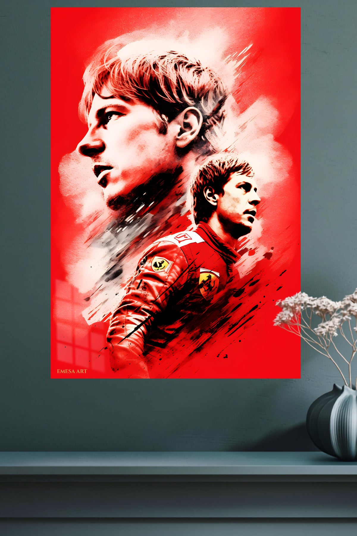 Red Racing Driver Portrait metal wall art displayed in a modern interior