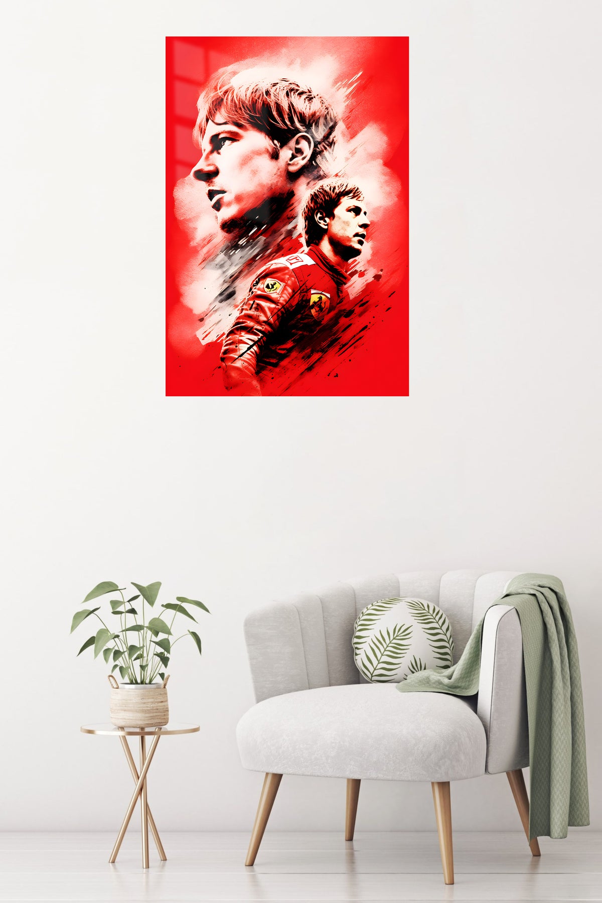 Red Racing Driver Portrait metal wall art displayed in a contemporary living space