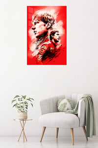 Red Racing Driver Portrait metal wall art displayed in a contemporary living space