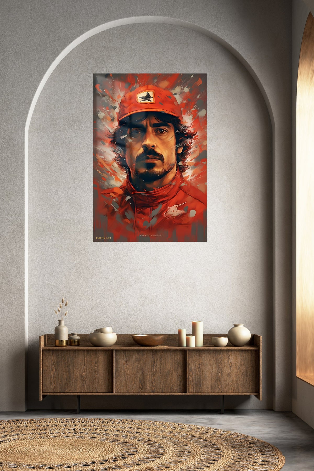 Red Cap Aviator Portrait metal wall art displayed in a contemporary living space