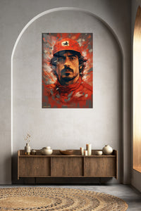 Red Cap Aviator Portrait metal wall art displayed in a contemporary living space