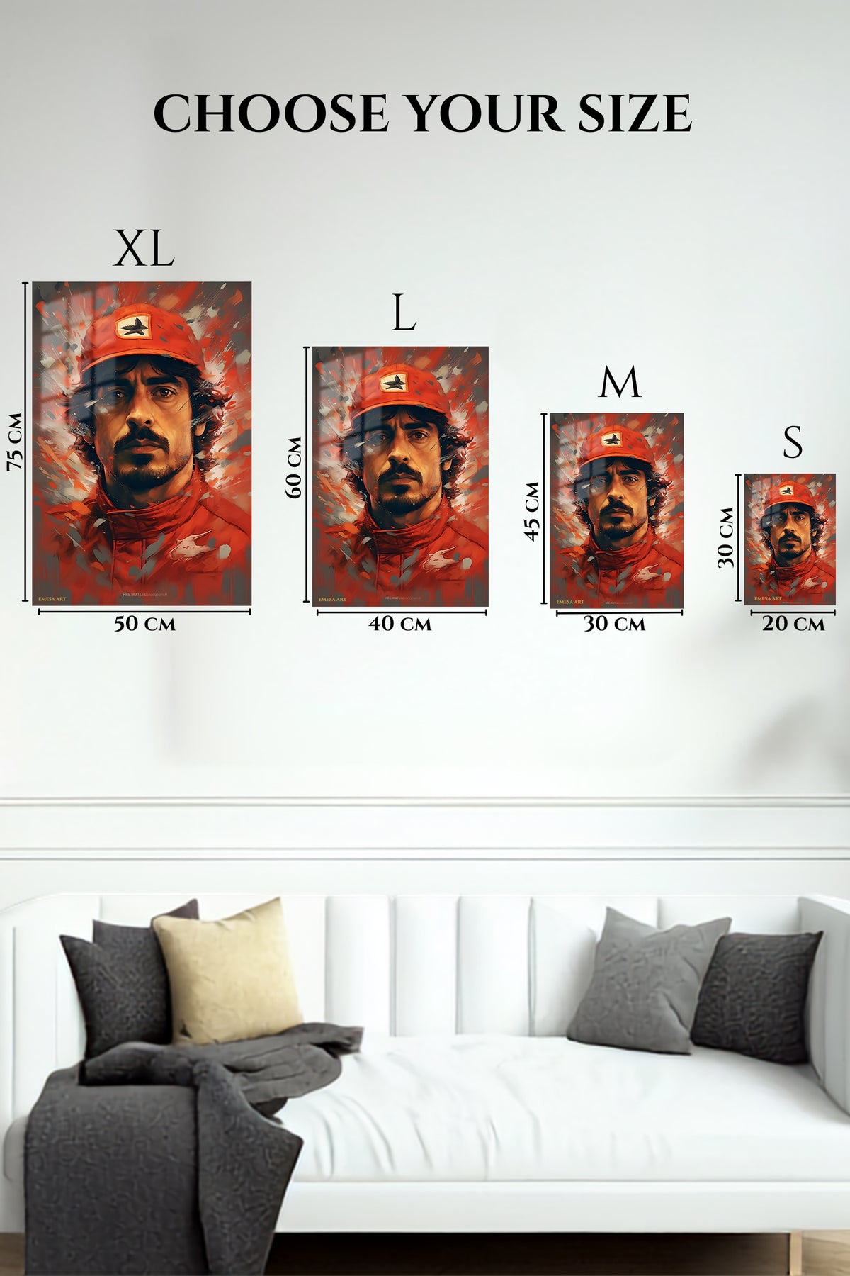 EMESA metal wall art size comparison guide for Red Cap Aviator Portrait