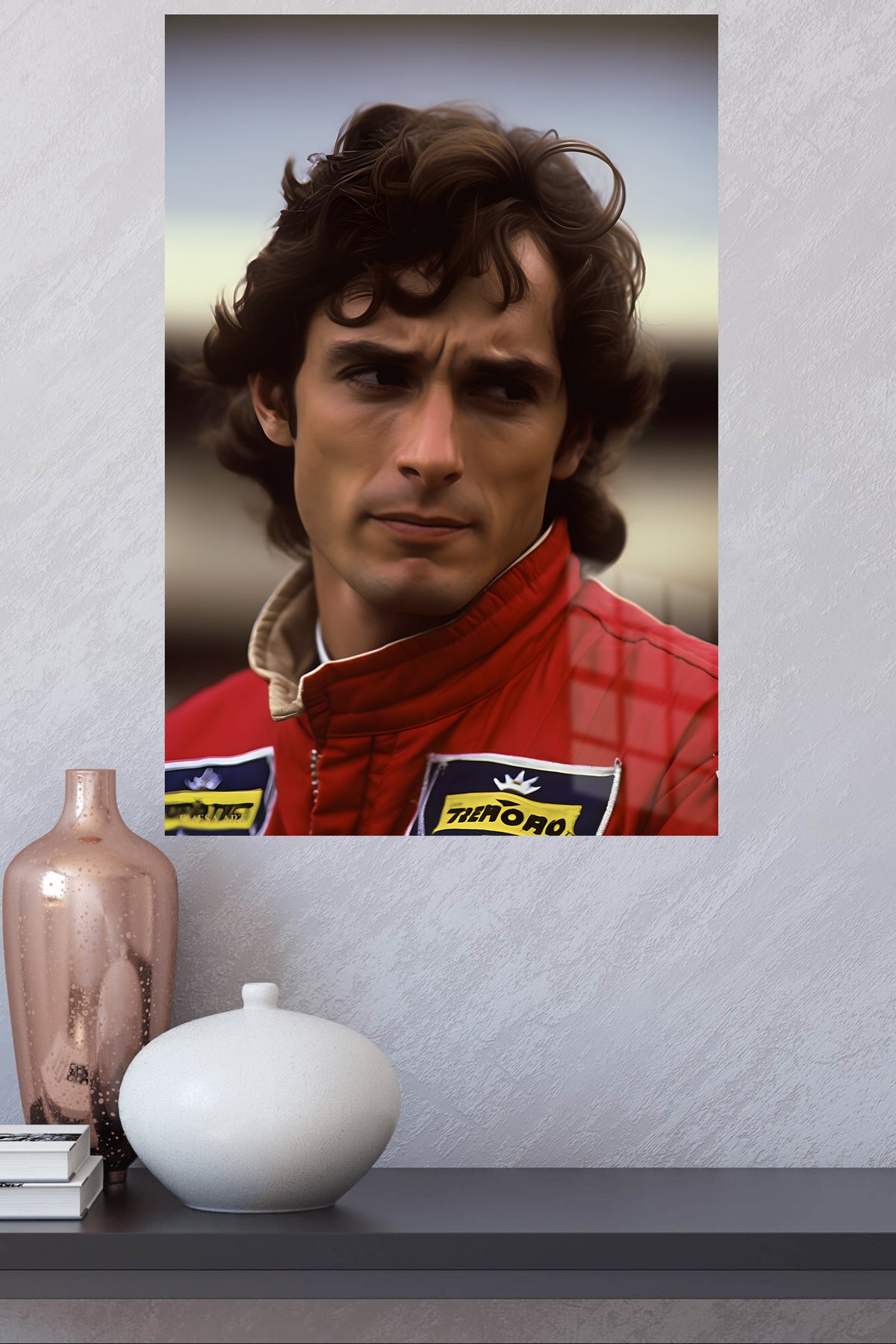 Vintage Racing Driver Portrait metal wall art displayed in a modern interior