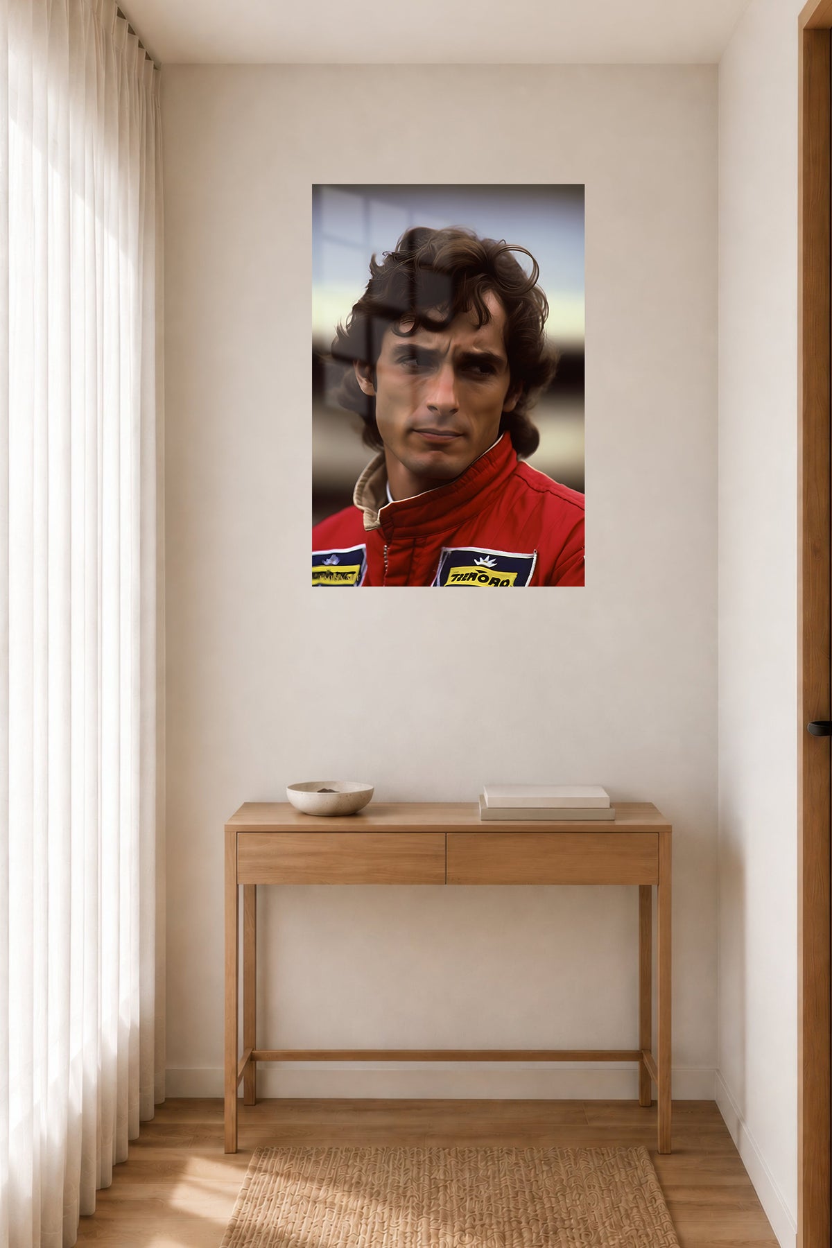 Vintage Racing Driver Portrait metal wall art displayed in a contemporary living space