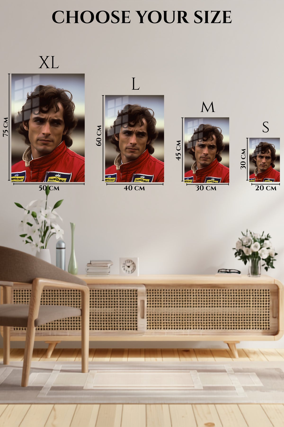 EMESA metal wall art size comparison guide for Vintage Racing Driver Portrait