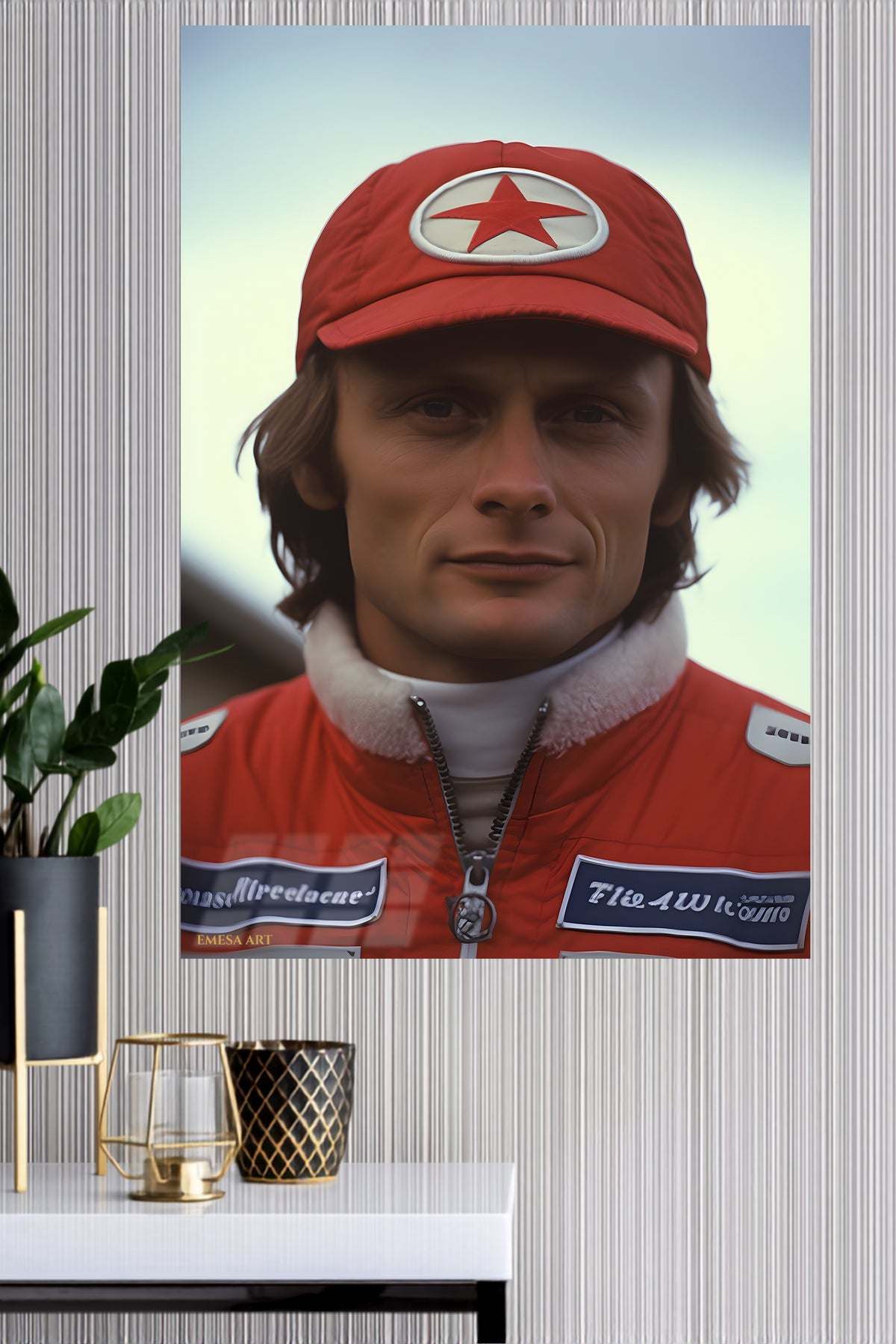 Red Star Racing Driver Portrait metal wall art displayed in a modern interior