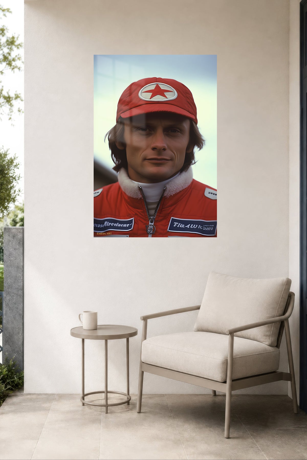 Red Star Racing Driver Portrait metal wall art displayed in a contemporary living space