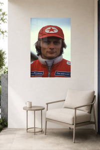 Red Star Racing Driver Portrait metal wall art displayed in a contemporary living space