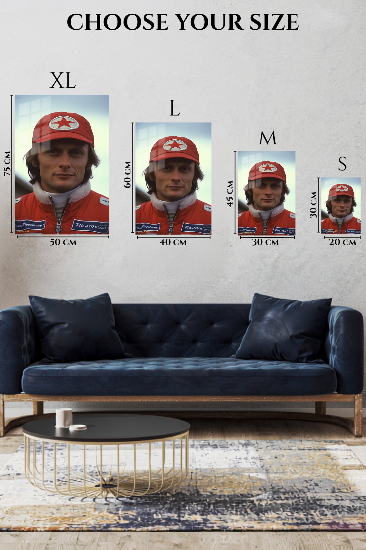 EMESA metal wall art size comparison guide for Red Star Racing Driver Portrait