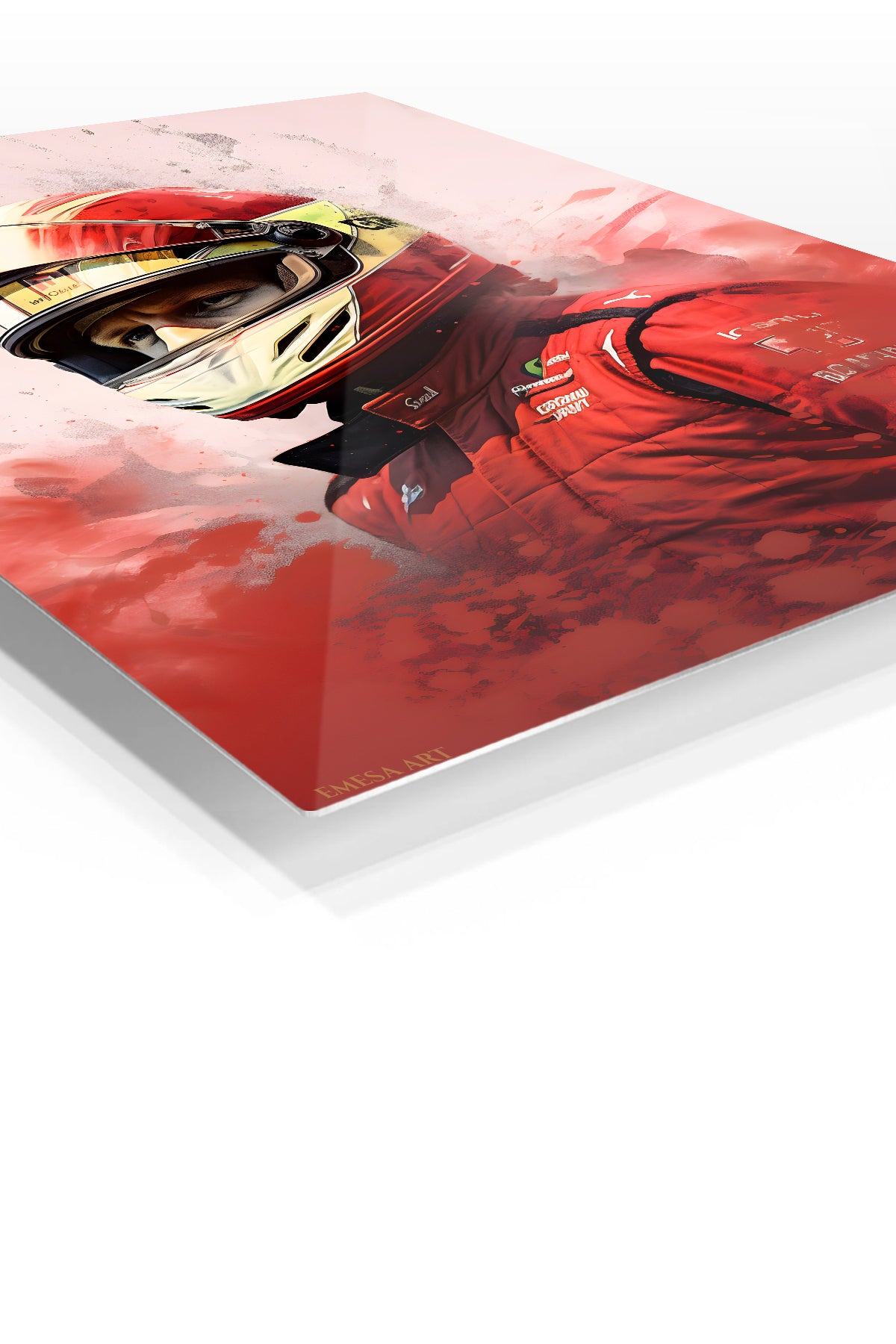 Red Helmet Racing Driver Portrait premium metal wall art – angled view