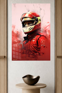 Red Helmet Racing Driver Portrait metal wall art displayed in a modern interior