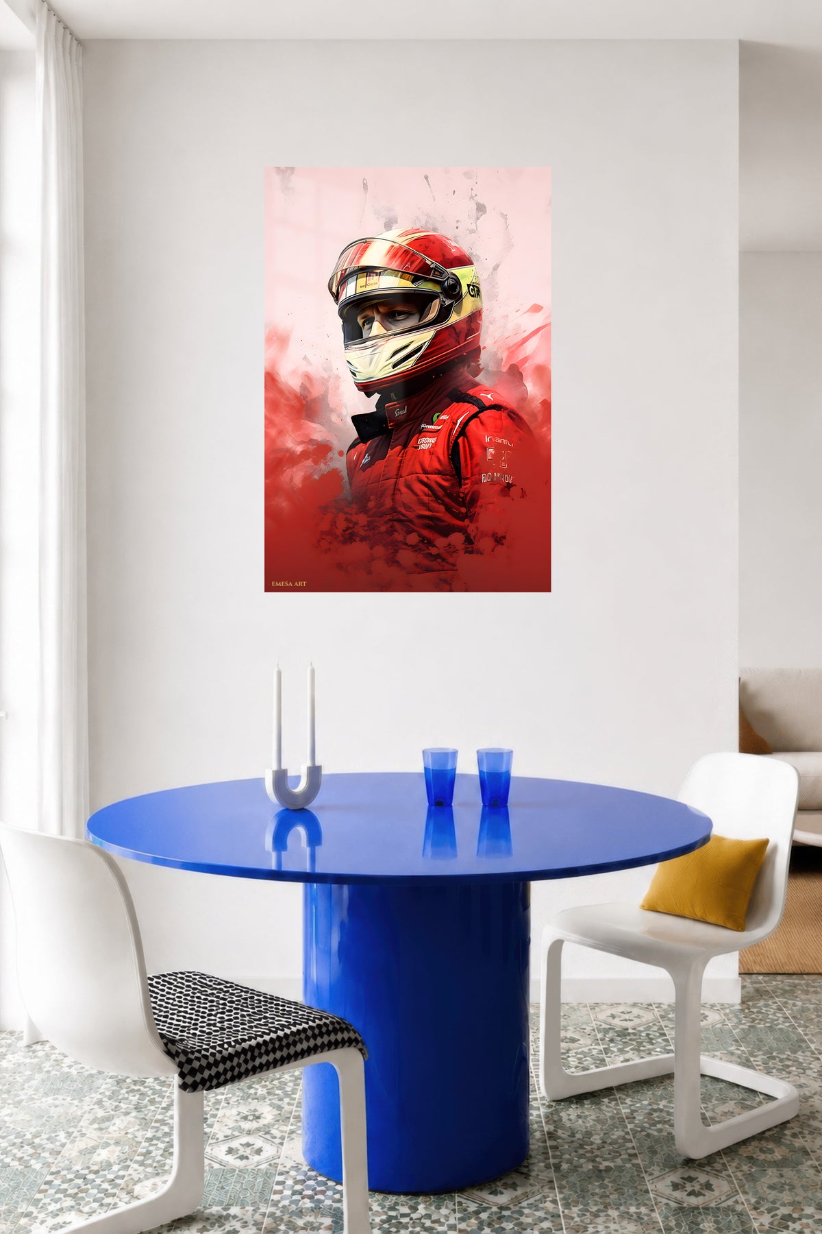 Red Helmet Racing Driver Portrait metal wall art displayed in a contemporary living space