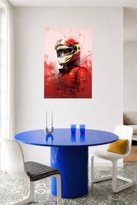 Red Helmet Racing Driver Portrait metal wall art displayed in a contemporary living space