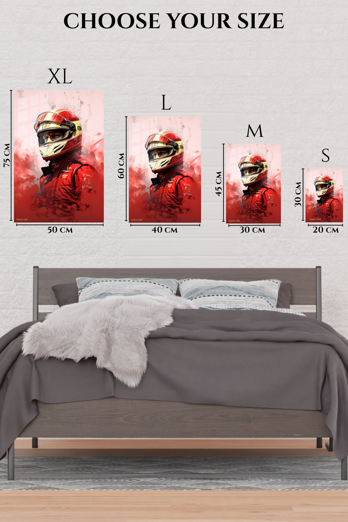 EMESA metal wall art size comparison guide for Red Helmet Racing Driver Portrait