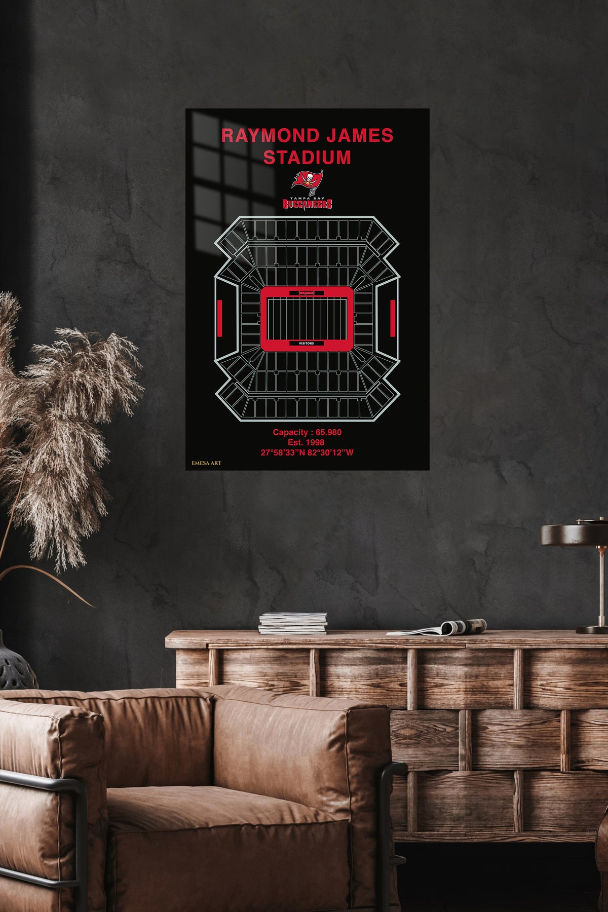 Raymond James Stadium Seating Diagram metal wall art displayed in a modern interior