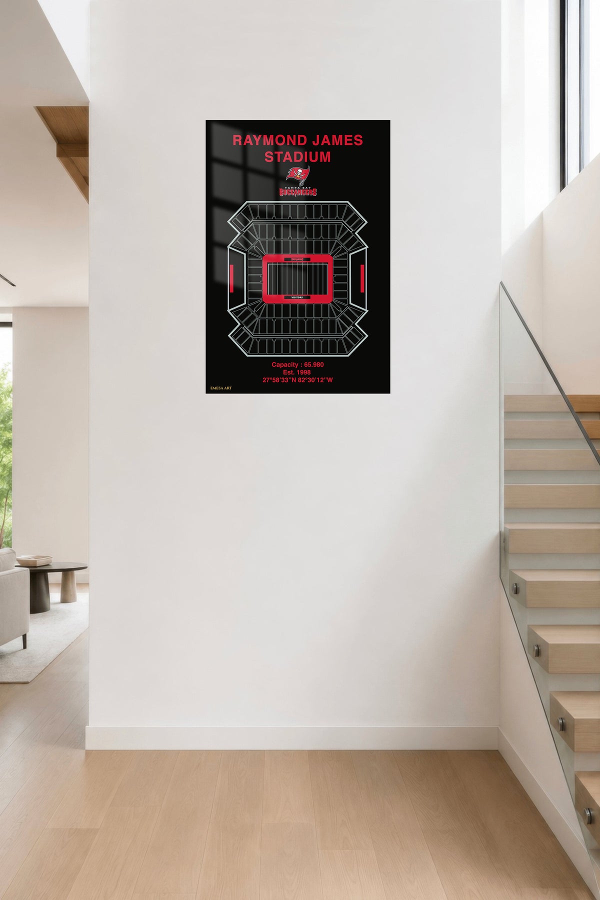 Raymond James Stadium Seating Diagram metal wall art displayed in a contemporary living space