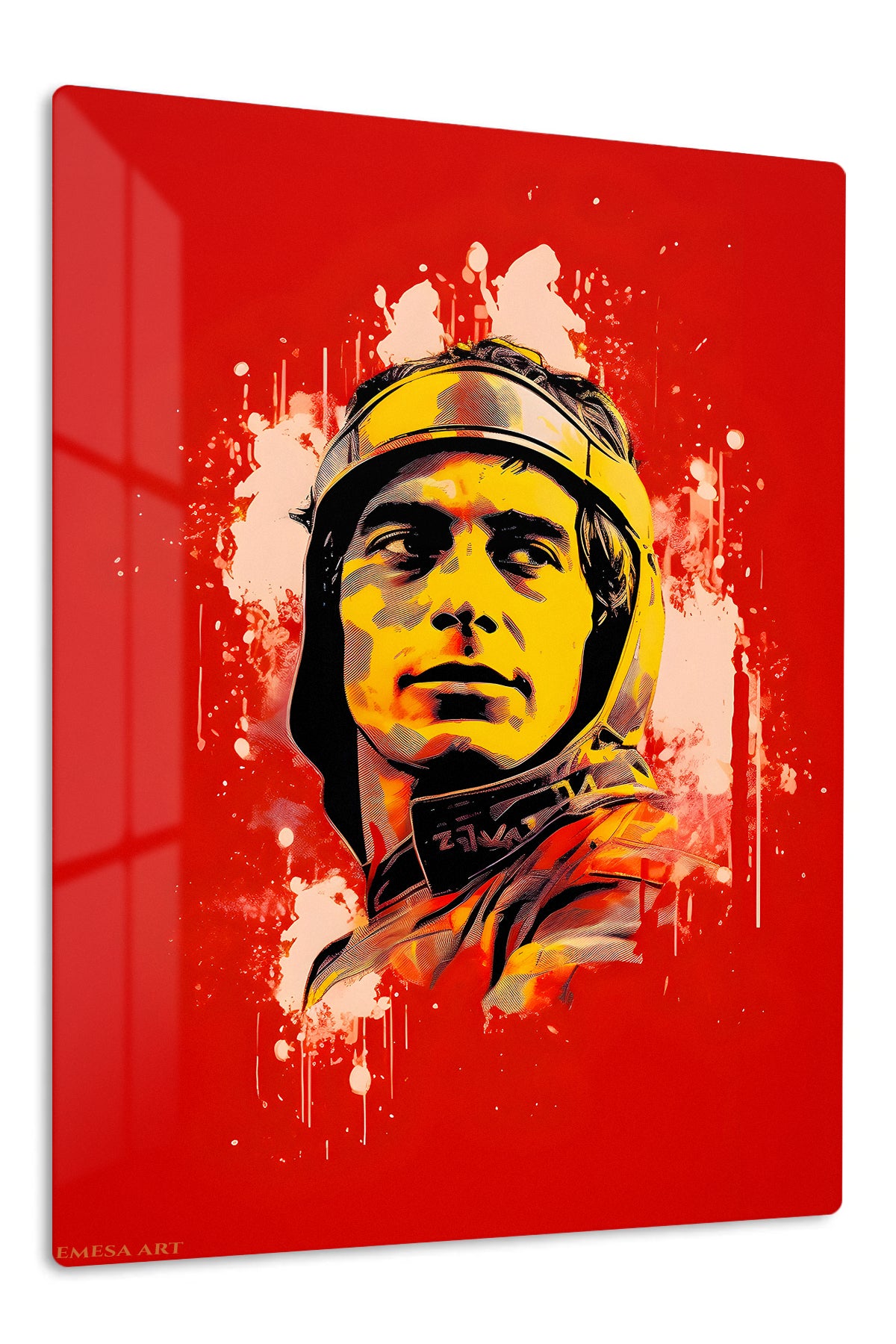 Helmeted Rider Red Splash Portrait premium metal wall art – front view