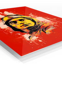 Helmeted Rider Red Splash Portrait premium metal wall art – angled view