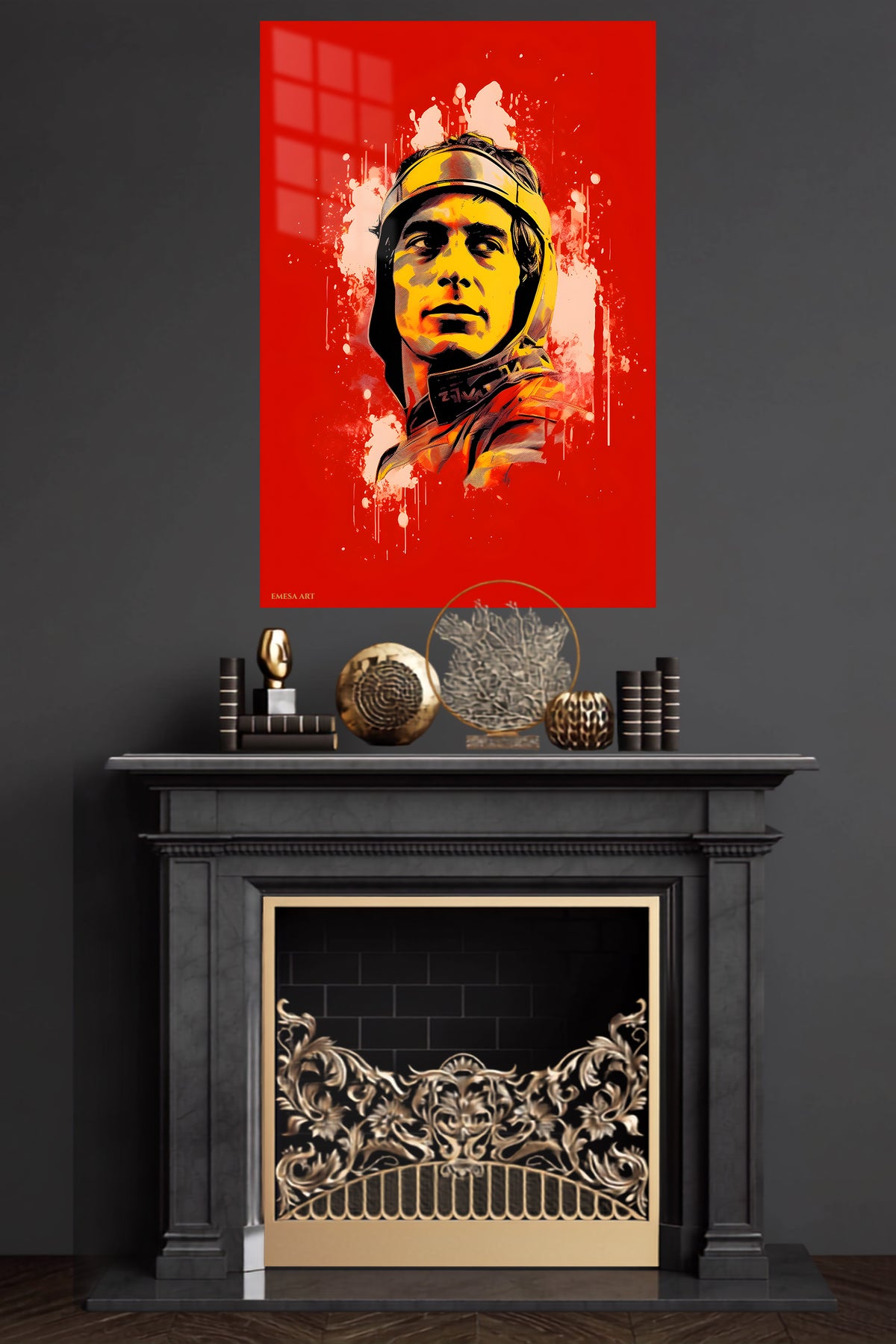 Helmeted Rider Red Splash Portrait metal wall art displayed in a modern interior