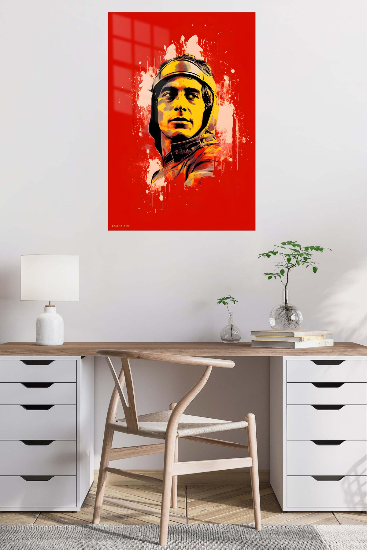 Helmeted Rider Red Splash Portrait metal wall art displayed in a contemporary living space