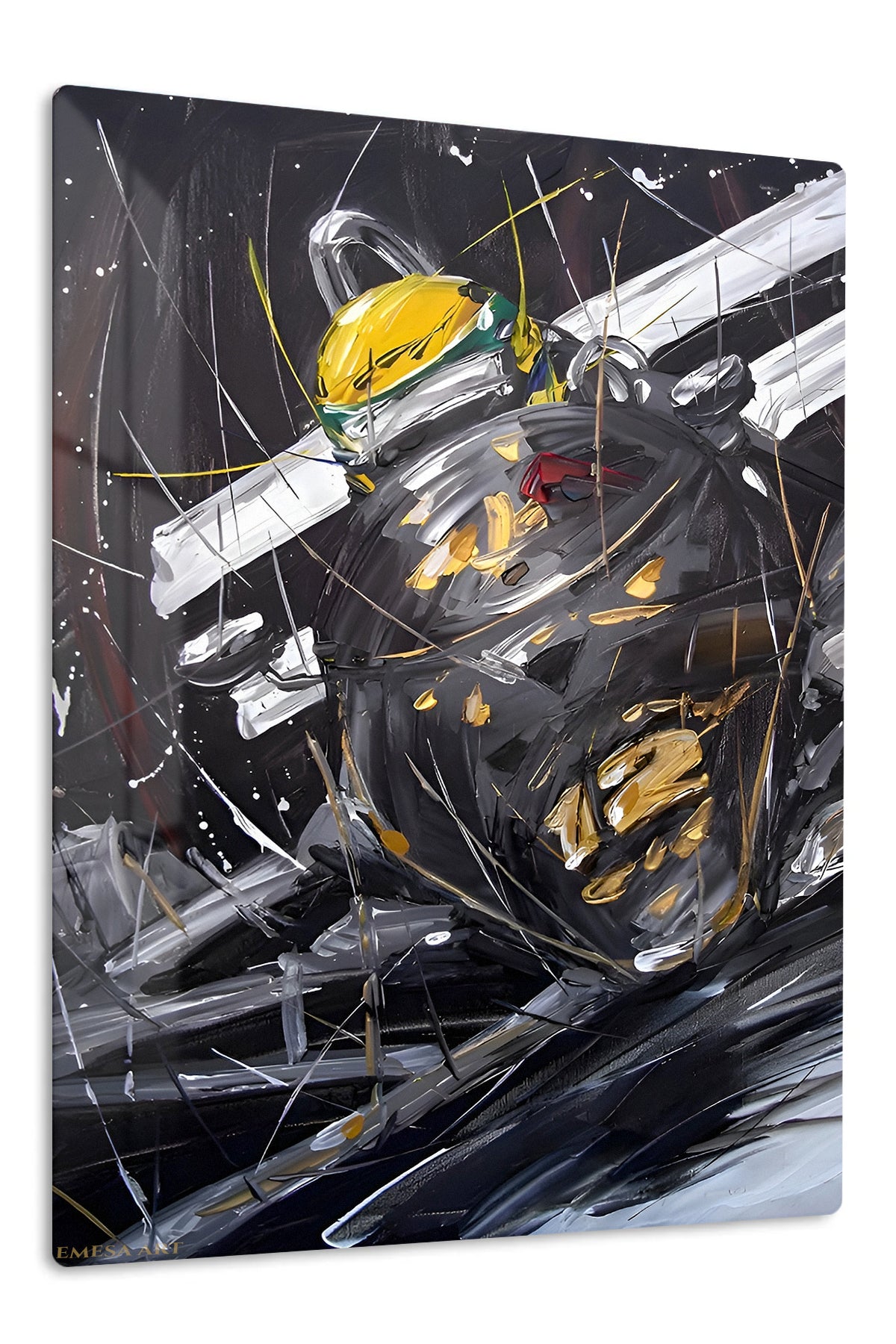 Abstract Yellow Helmet Racer premium metal wall art – front view