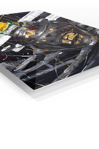 Abstract Yellow Helmet Racer premium metal wall art – angled view