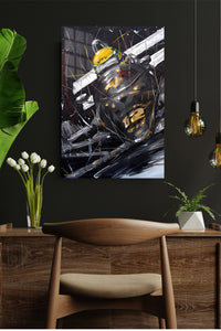 Abstract Yellow Helmet Racer metal wall art displayed in a modern interior