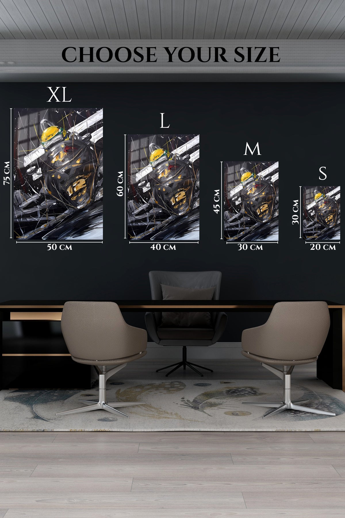 EMESA metal wall art size comparison guide for Abstract Yellow Helmet Racer