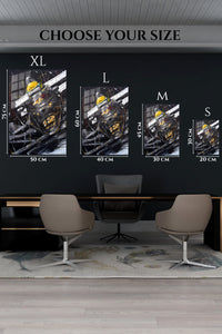 EMESA metal wall art size comparison guide for Abstract Yellow Helmet Racer