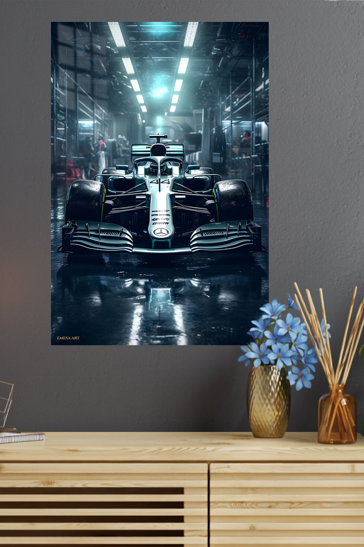 Midnight Formula Race Car metal wall art displayed in a modern interior