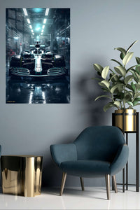 Midnight Formula Race Car metal wall art displayed in a contemporary living space