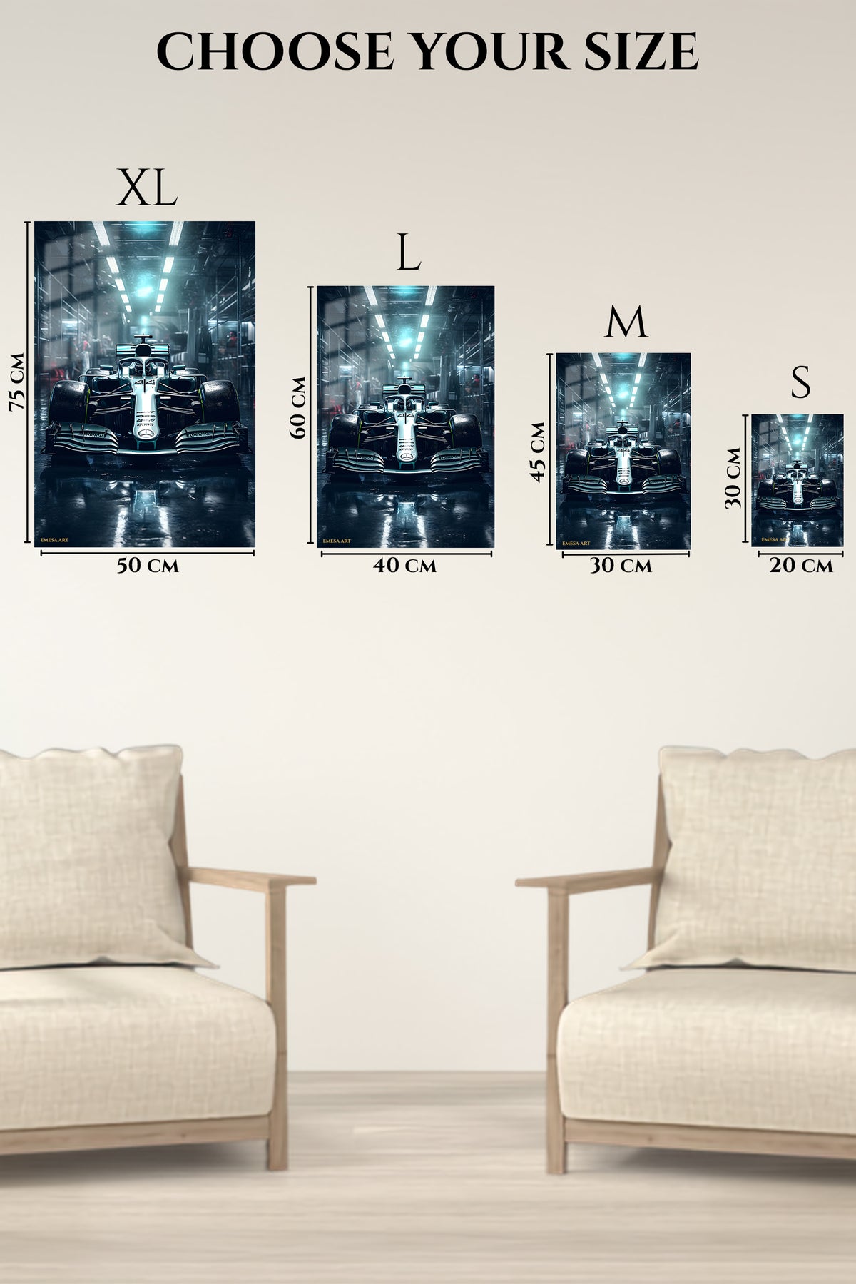 EMESA metal wall art size comparison guide for Midnight Formula Race Car