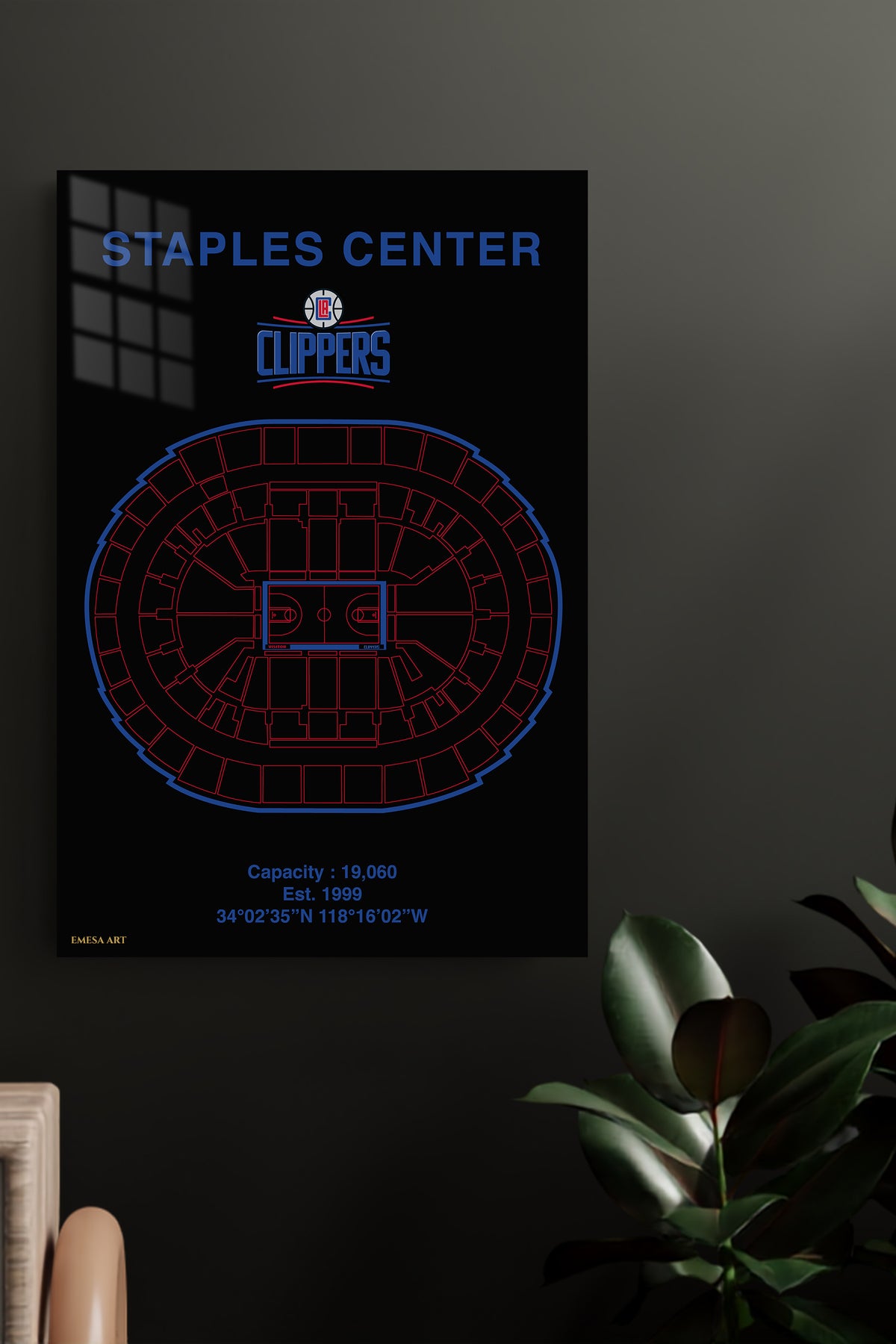 Staples Center Clippers Arena Blueprint metal wall art displayed in a modern interior