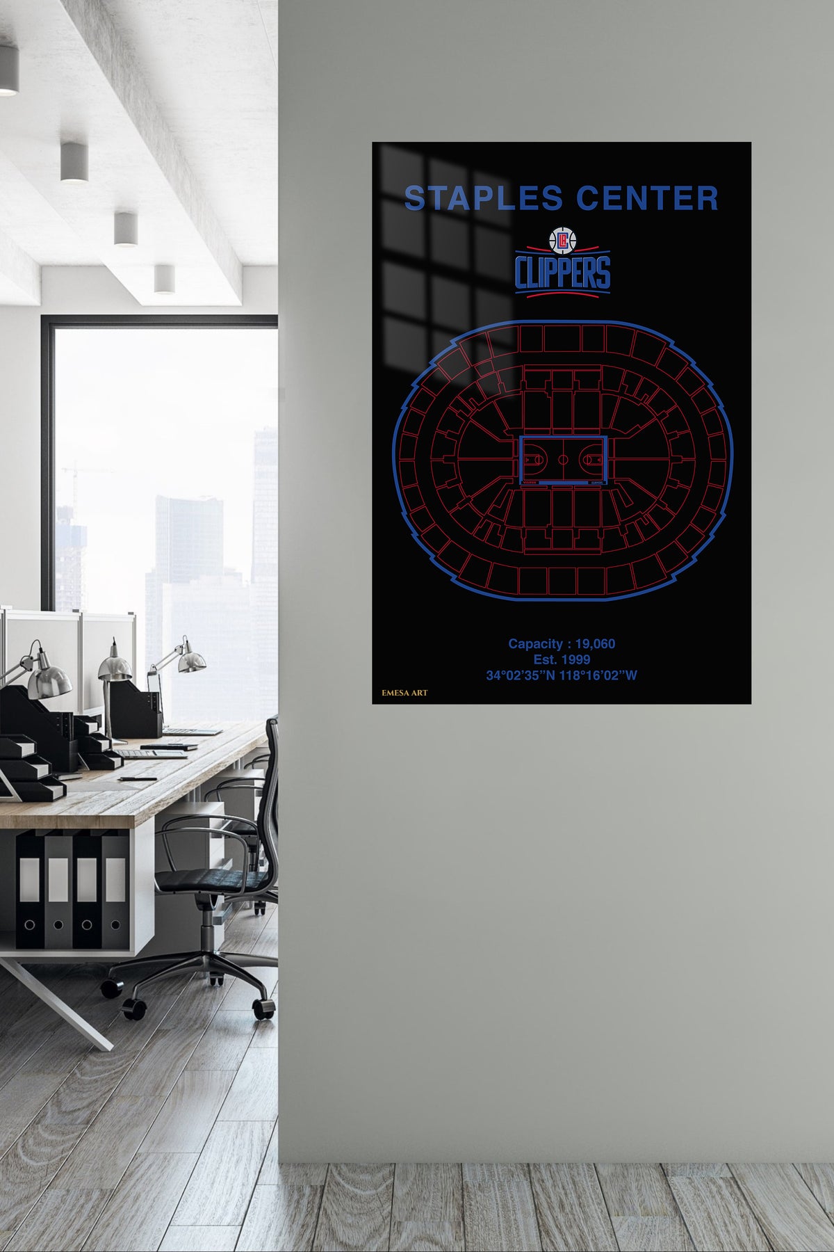 Staples Center Clippers Arena Blueprint metal wall art displayed in a contemporary living space