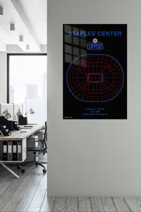 Staples Center Clippers Arena Blueprint metal wall art displayed in a contemporary living space
