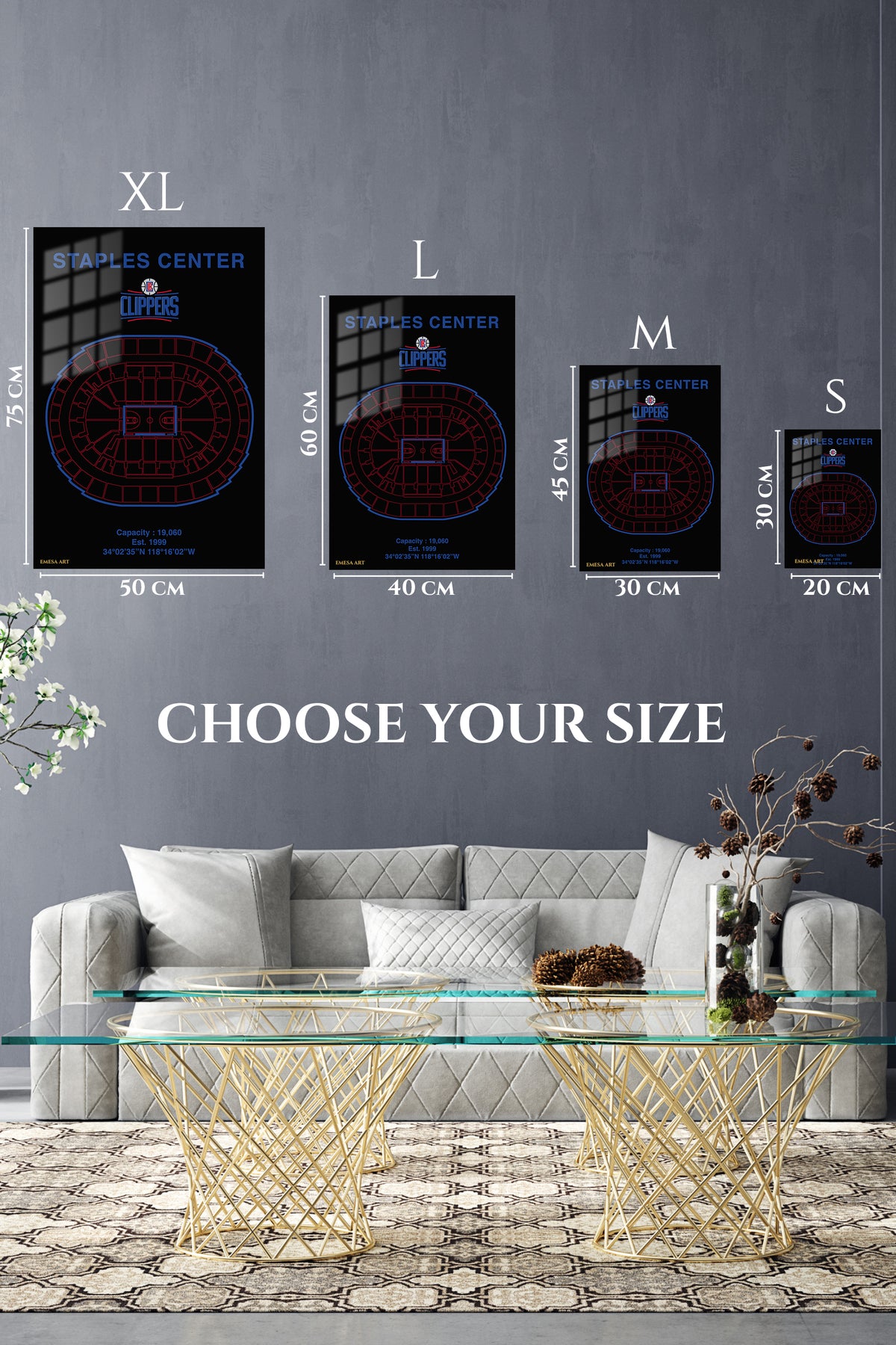 EMESA metal wall art size comparison guide for Staples Center Clippers Arena Blueprint