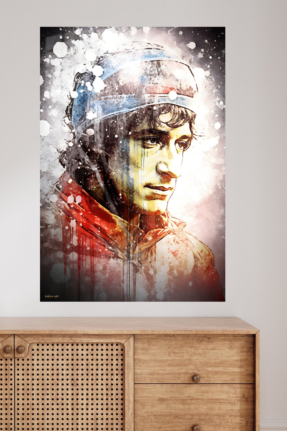 Sailor Portrait in Splattered Ink metal wall art displayed in a modern interior