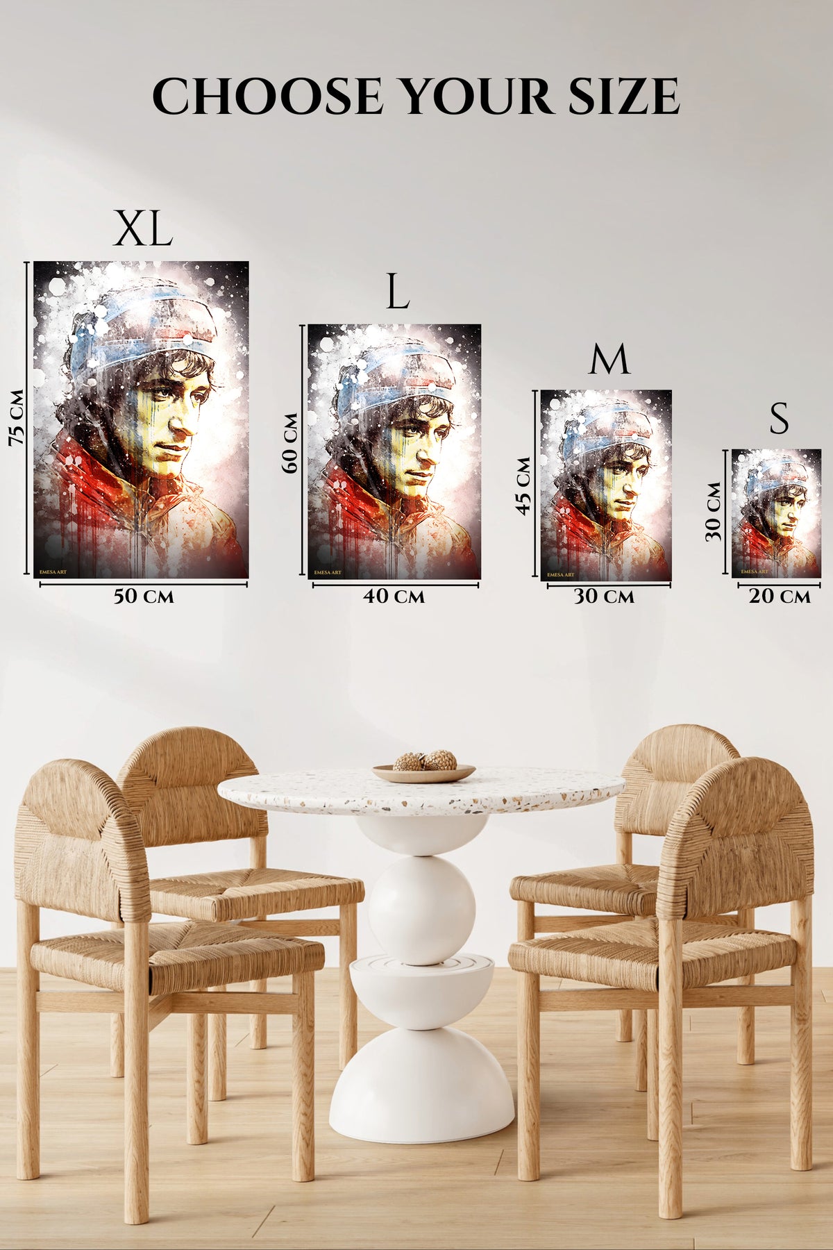 EMESA metal wall art size comparison guide for Sailor Portrait in Splattered Ink