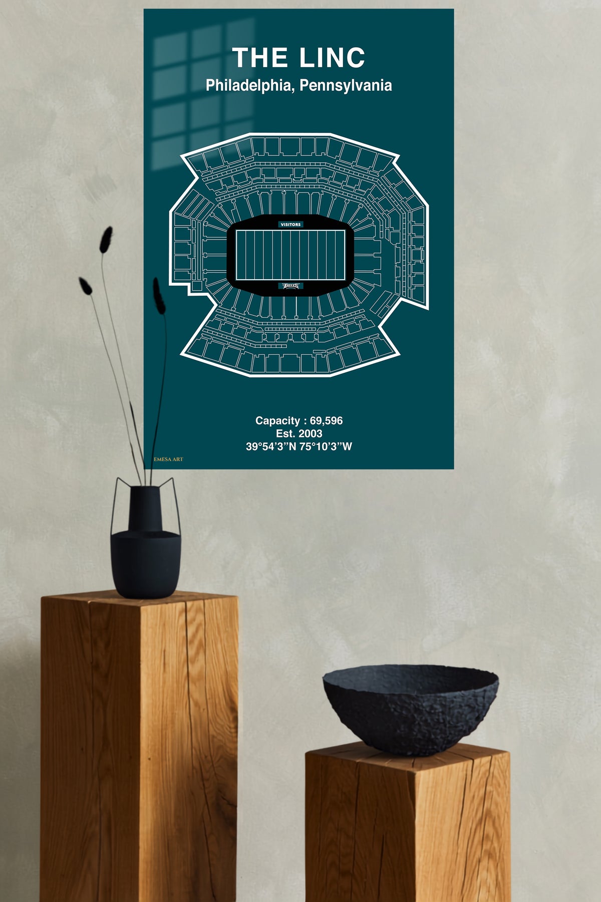 The Linc Philadelphia Stadium Blueprint metal wall art displayed in a modern interior