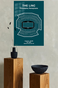 The Linc Philadelphia Stadium Blueprint metal wall art displayed in a modern interior