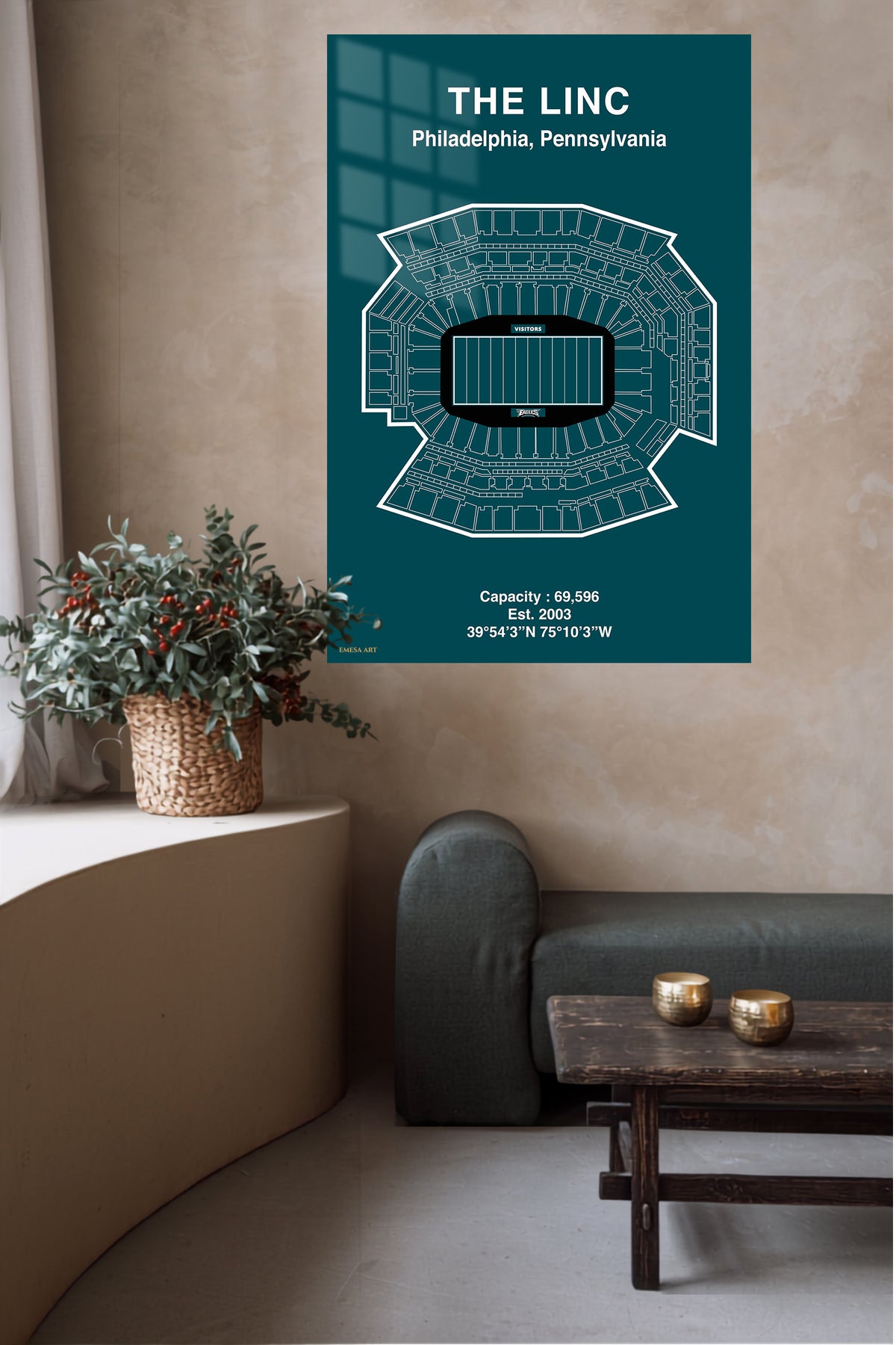 The Linc Philadelphia Stadium Blueprint metal wall art displayed in a contemporary living space