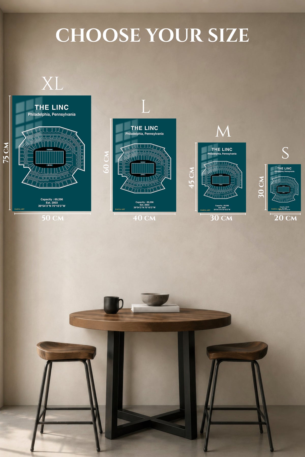 EMESA metal wall art size comparison guide for The Linc Philadelphia Stadium Blueprint