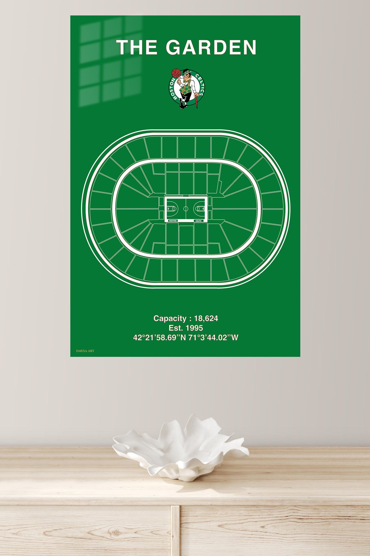 The Garden Basketball Arena Seating Plan metal wall art displayed in a modern interior