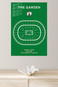 The Garden Basketball Arena Seating Plan metal wall art displayed in a modern interior