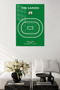 The Garden Basketball Arena Seating Plan metal wall art displayed in a contemporary living space