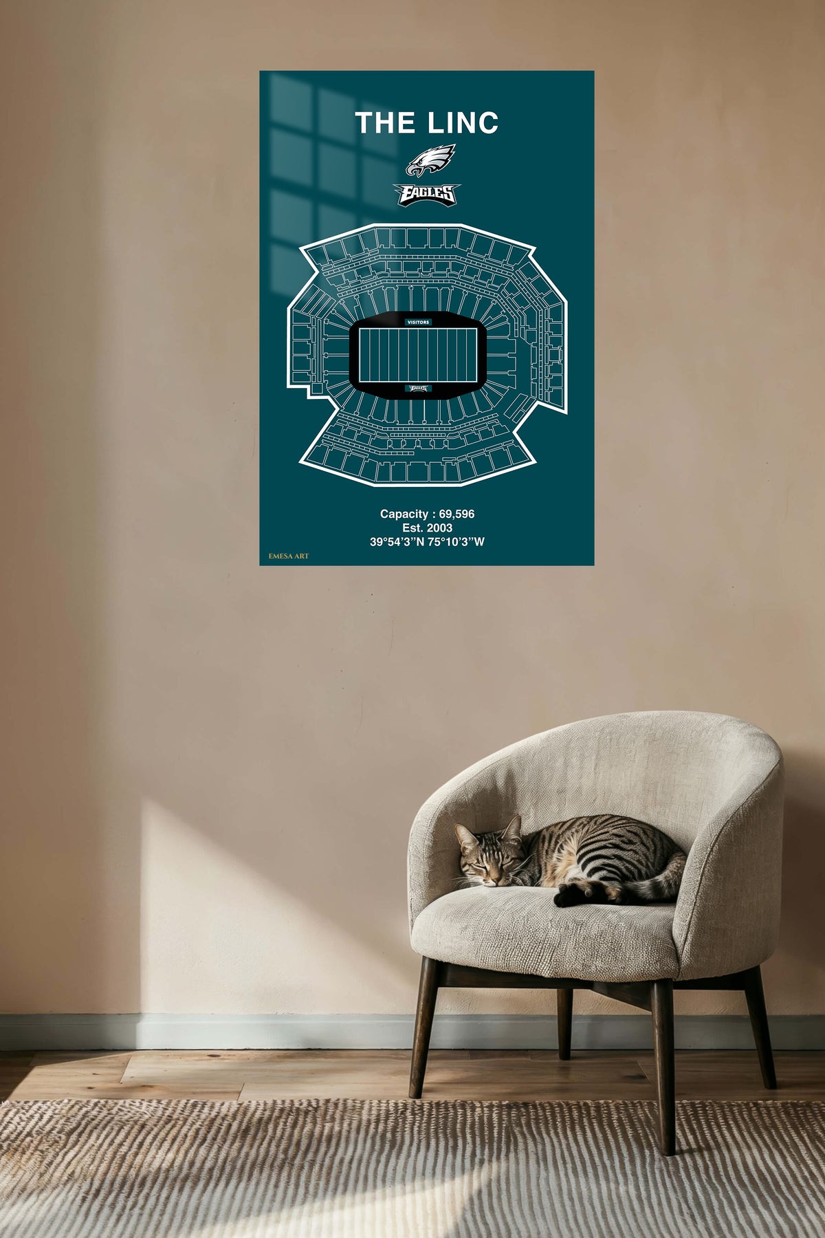 Football Stadium Seating Map metal wall art displayed in a contemporary living space
